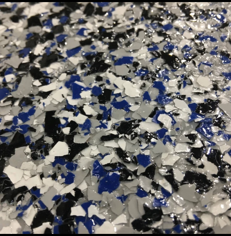 Blue, black, gray and white custom epoxy flake blend